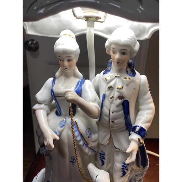 2 Vintage Porcelain Lamp Victorian Colonial Hand painted Man Woman Dog RARE 20" - Picture 5 of 16